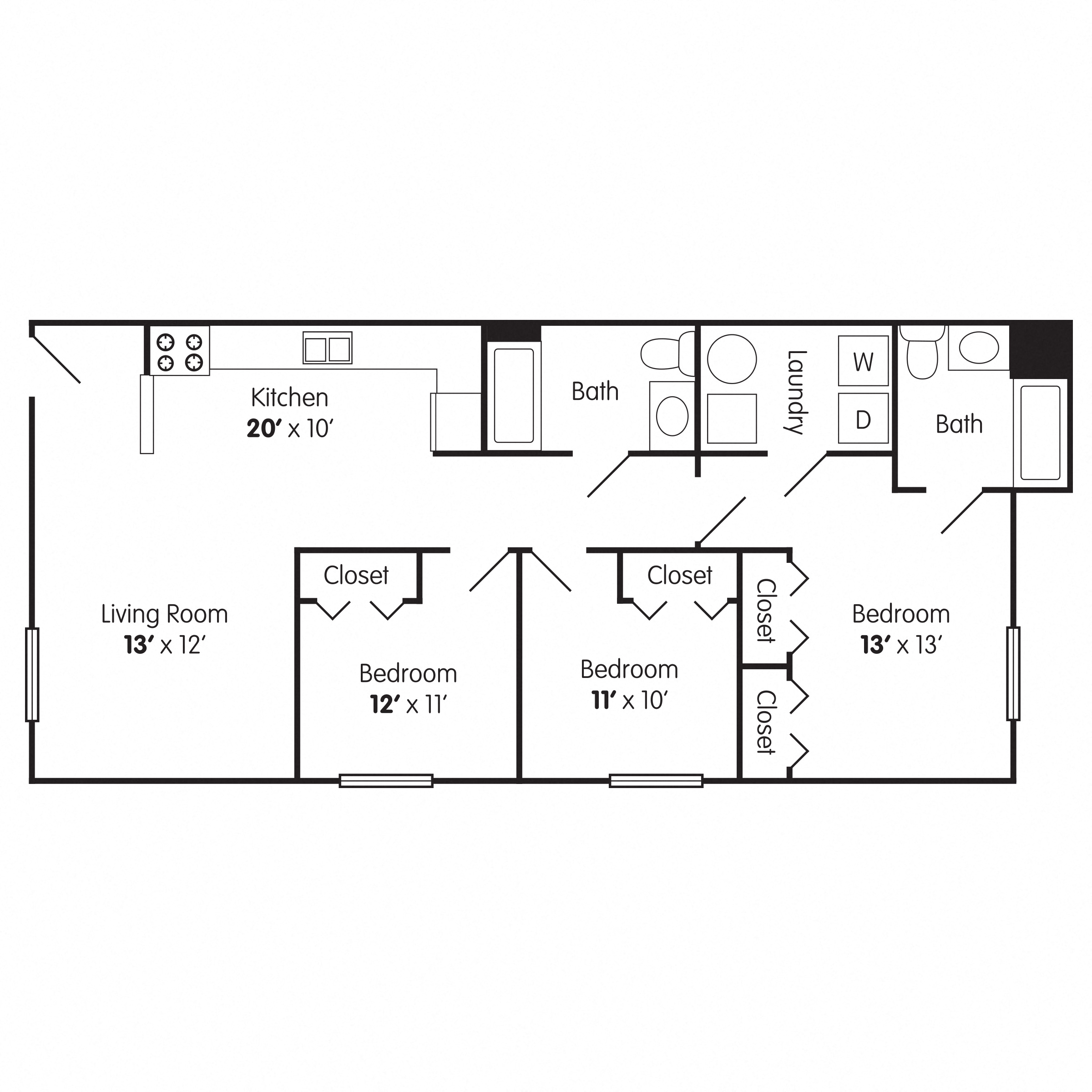 Floor plan for 3 beds, 2 baths, 1048 sqft